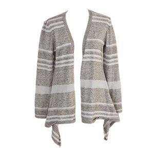 Peyton Primrose Taupe White Striped Open Front Asymmetric Hem Cardigan Sz M